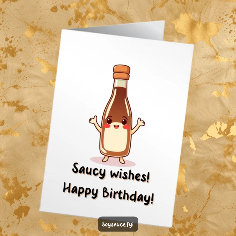 Funny Free Printable Birthday Card: A happy soy sauce bottle wearing a cute hat is enthusiastically doing a jig to celebrate.