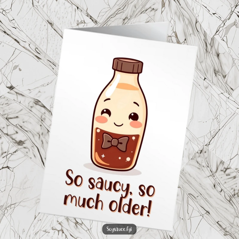Funny Free Printable Birthday Card: Smiling soy sauce bottle in a bow tie, ready to celebrate with a splash of humor.