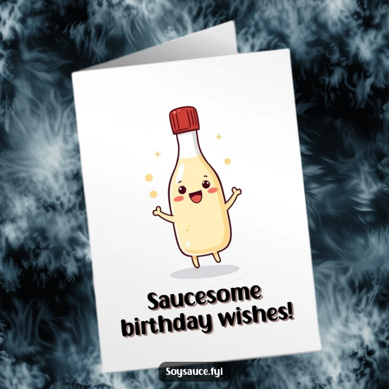 Funny Free Printable Birthday Card: Kawaii soy sauce bottle happily dancing with its cap, a delightful DIY downloadable gift.