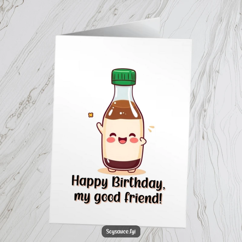 Funny Free Printable Kawaii soy sauce bottle tipping its cap playfully on a birthday card, offering good cheer.