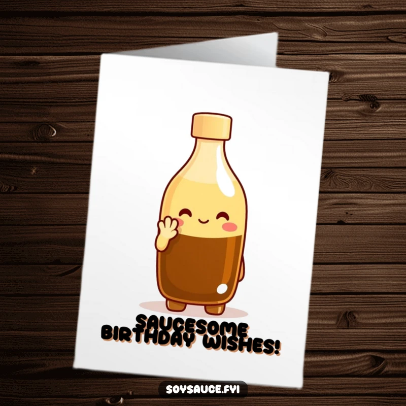 Funny Free Printable birthday card featuring a cheerful soy sauce bottle character giving a polite, welcoming nod.