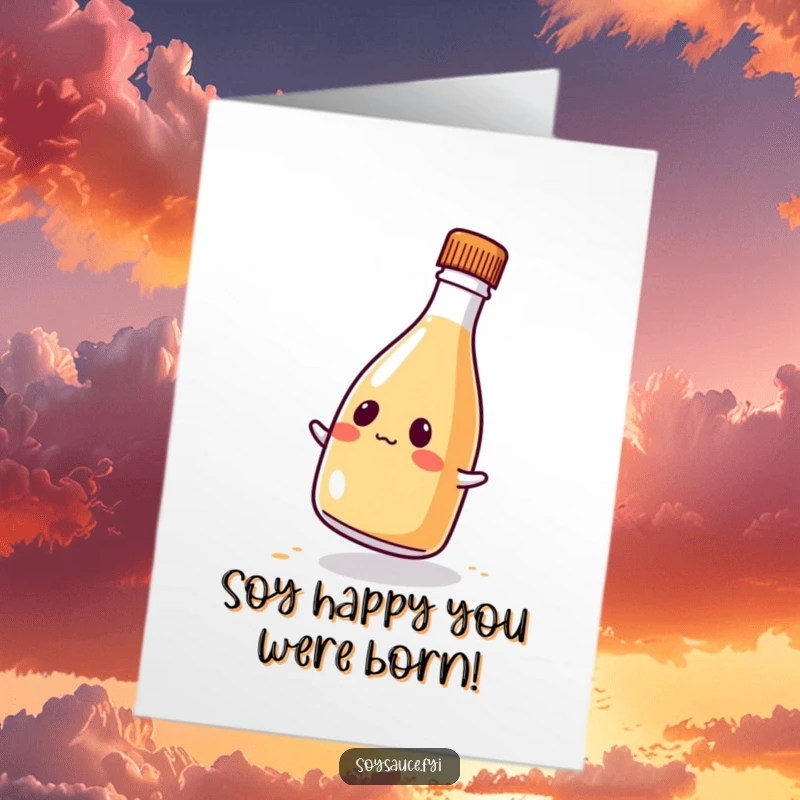 Funny Free Printable Birthday Card featuring a kawaii soy sauce bottle with a comical, wobbly expression, ready for a laugh.