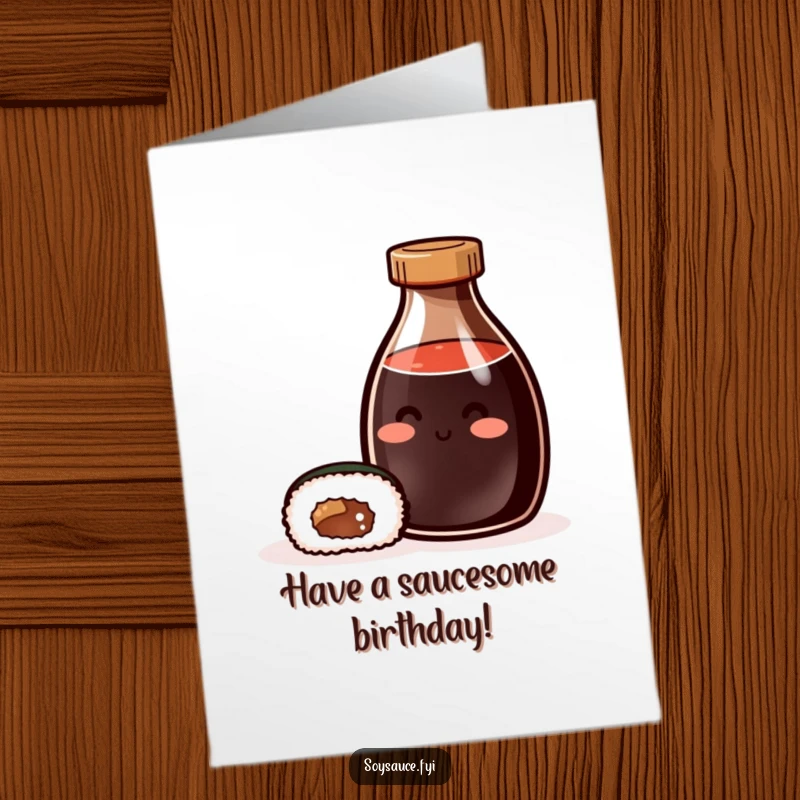 Funny Free Printable Birthday Card: A content soy sauce bottle smiles next to a cute sushi roll, celebrating.