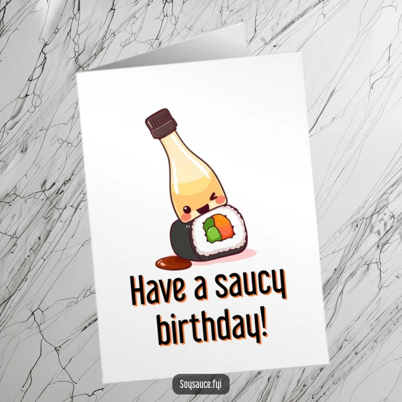 Funny Free Printable Birthday Card: Kawaii soy sauce bottle playfully tipping onto a sushi roll, a fun downloadable.