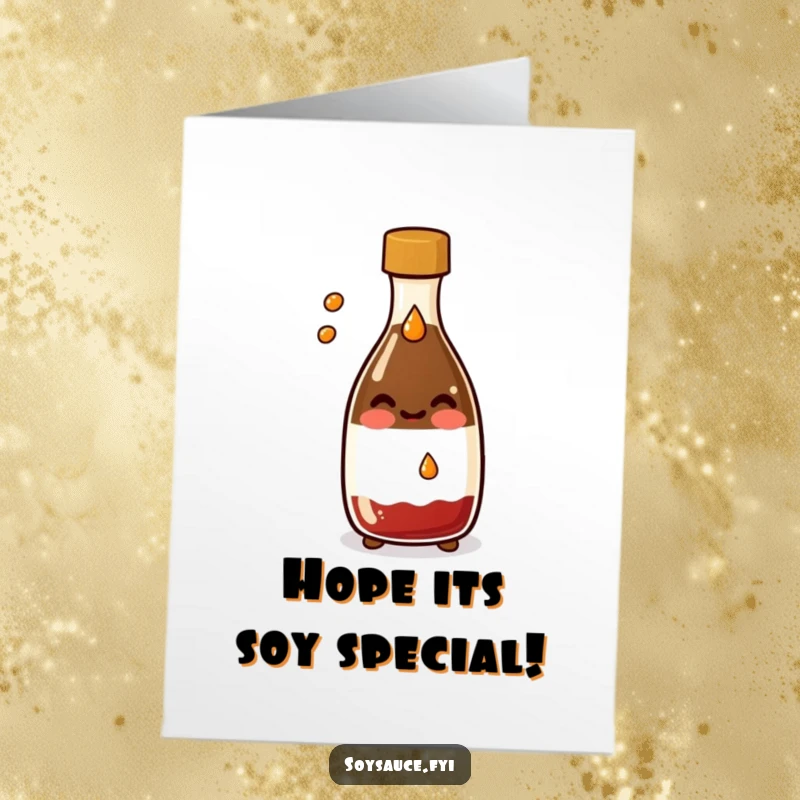 Funny Free Printable Birthday Card: A smiling Kawaii soy sauce bottle playfully splashes a tiny drop, perfect for a joyous celebration.