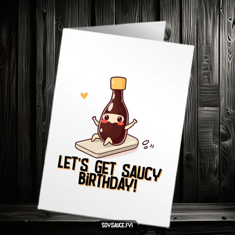 Funny Free Printable Birthday Card: Kawaii soy sauce bottle doing a smiling slide, a hilarious downloadable gift.