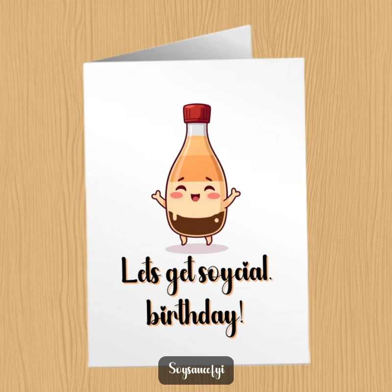 Funny Free Printable Birthday Card: A cheerful Kawaii soy sauce bottle winks and does a tiny jig, celebrating a happy birthday with glee.