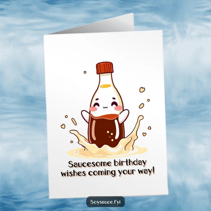 Funny Free Printable Birthday Card: A playful soy sauce bottle cheerfully splashing liquid, ready to add zest to birthday greetings.