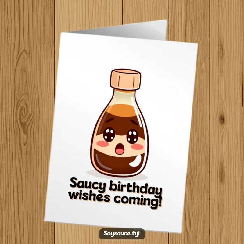 Funny Free Printable Birthday Card: A soy sauce bottle with wide eyes and an open cap, expressing shock and surprise.