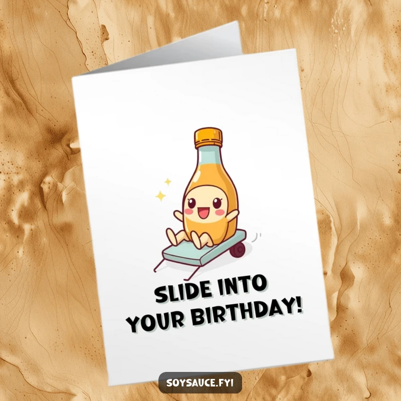 Funny Free Printable Birthday Card: A playful soy sauce bottle slides gleefully, spreading birthday cheer with a silly motion.
