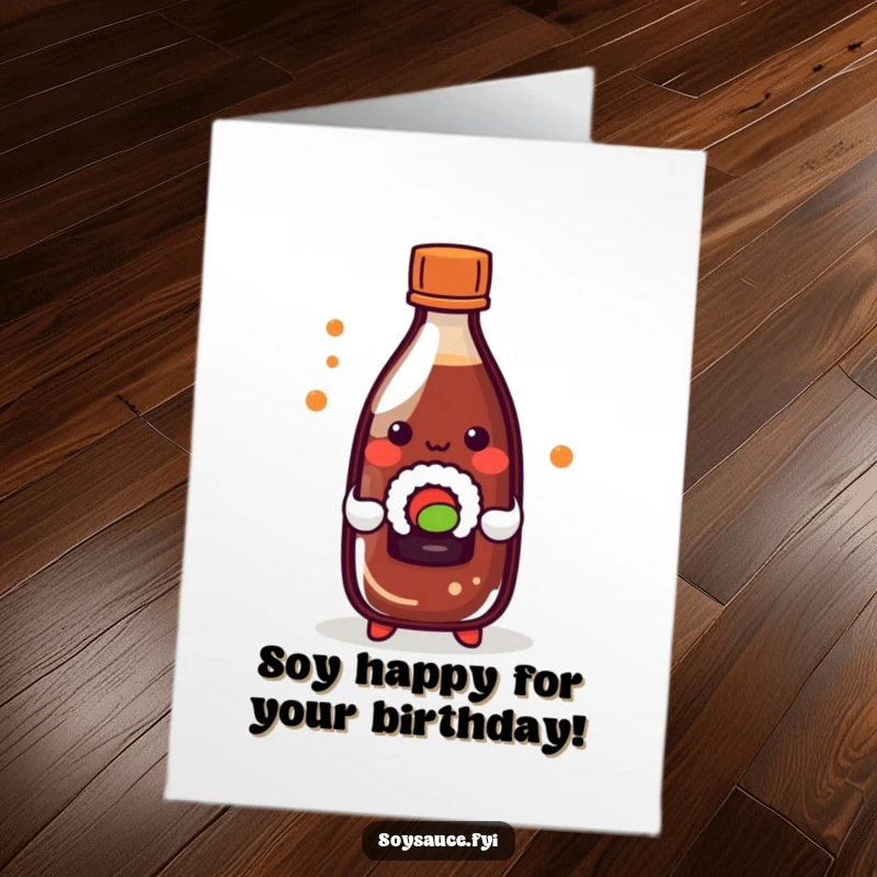 Funny Free Printable Birthday Card: Playful kawaii soy sauce bottle holds a tiny sushi roll, perfect for a foodie birthday.
