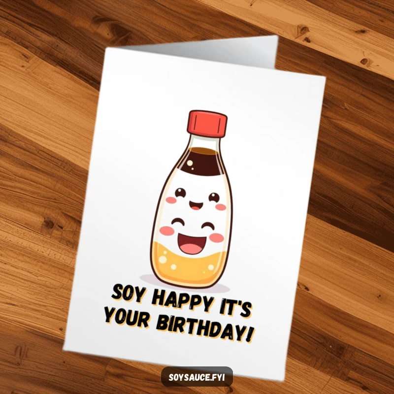 Funny Free Printable Kawaii soy sauce bottle with a massive grin on a birthday card, spreading good vibes.