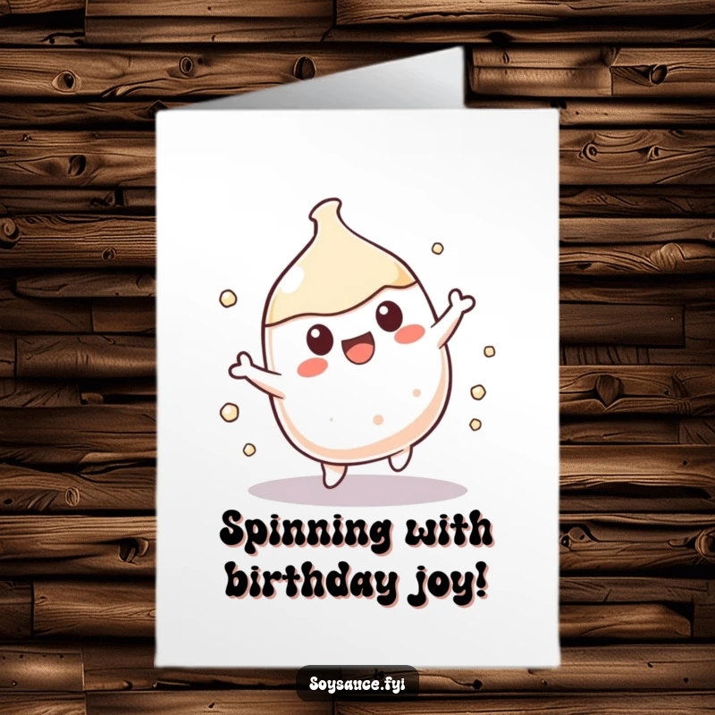Funny Free Printable Kawaii soy sauce character playfully spinning on a birthday card, full of energy.