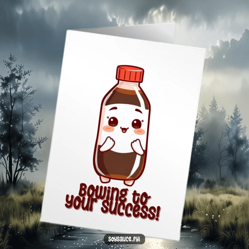 Funny Free Printable Congratulations Card: A soy sauce bottle character bows respectfully, acknowledging a great accomplishment.