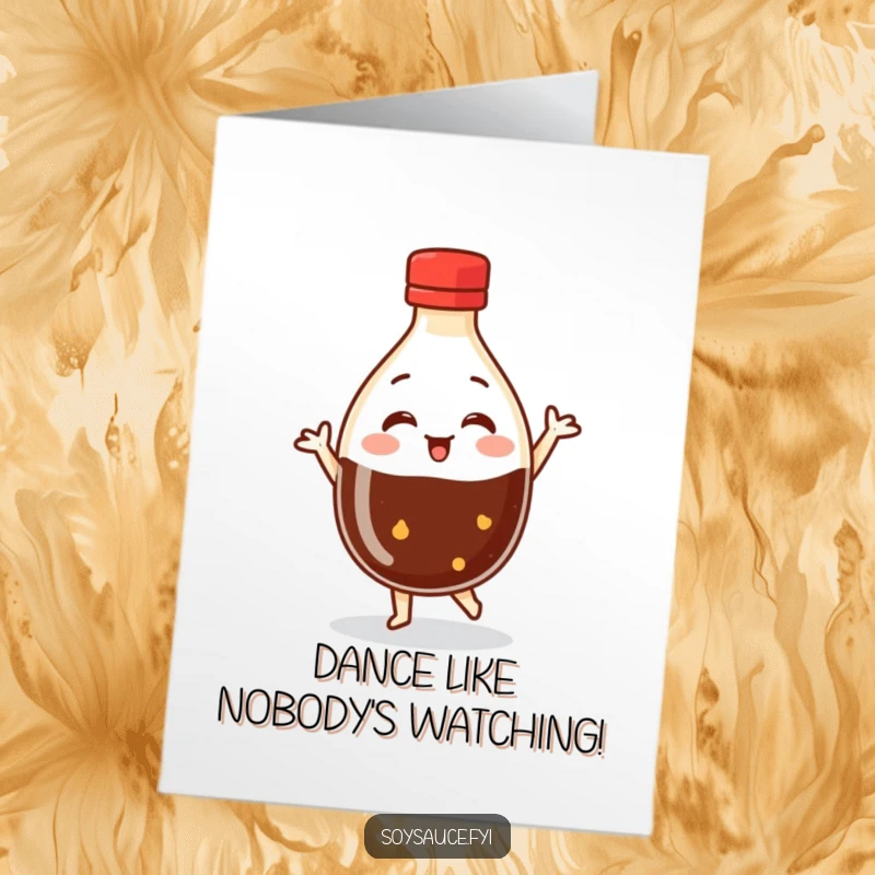 Funny Free Printable Congrats Card: A round soy sauce bottle character in mid-dance, celebrating success with infectious energy and humor.
