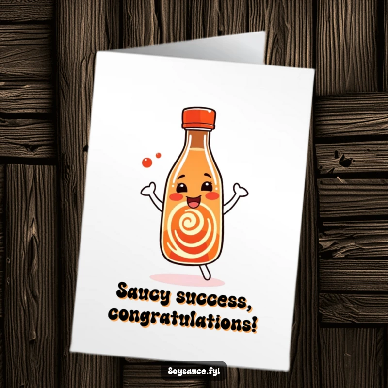 Funny Free Printable Congratulations Card: A happy soy sauce bottle with swirl patterns dances, embodying joyous celebration.