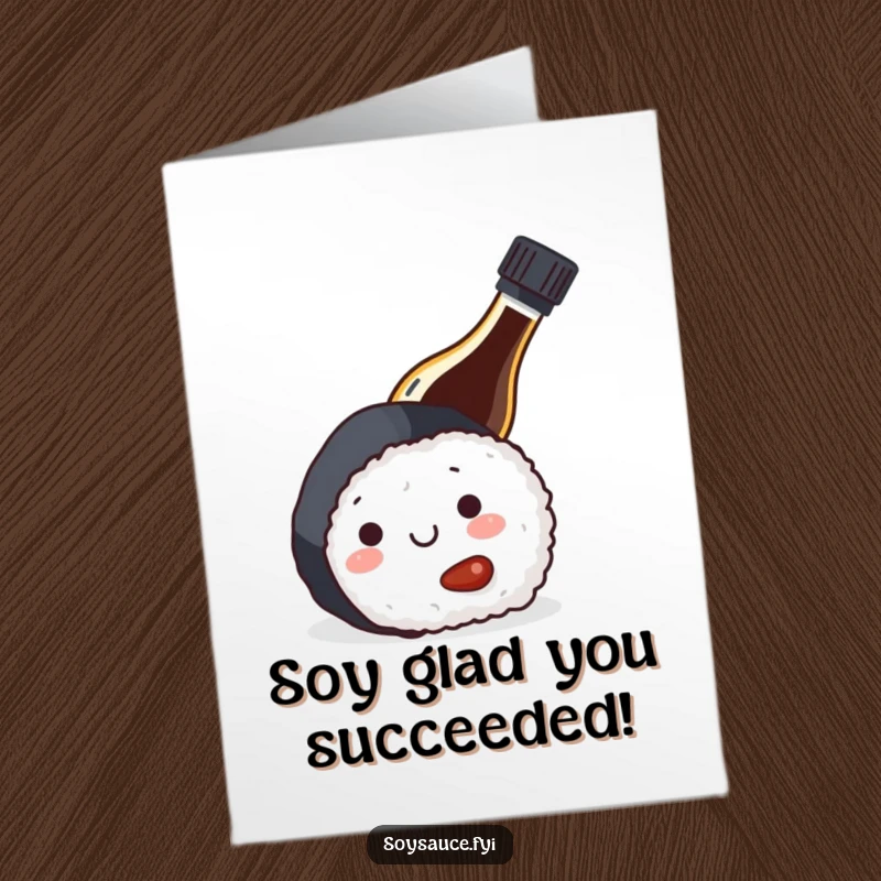 Funny Free Printable Congrats Card: Playful soy sauce bottle hiding behind sushi, conveying congratulations with a chuckle.
