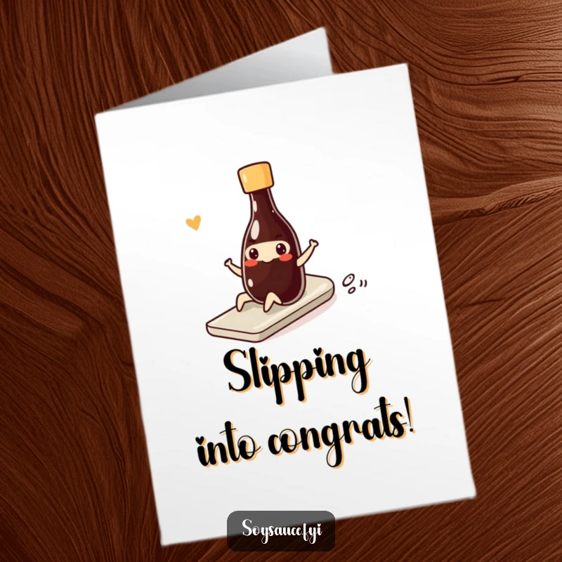Funny Free Printable Congratulations Card: Kawaii soy sauce bottle doing a smiling slide, a celebratory downloadable.