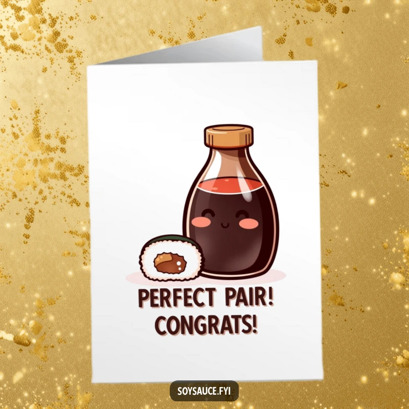 Funny Free Printable Congratulations Card: A smiling soy sauce bottle and a sushi roll together, celebrating success.