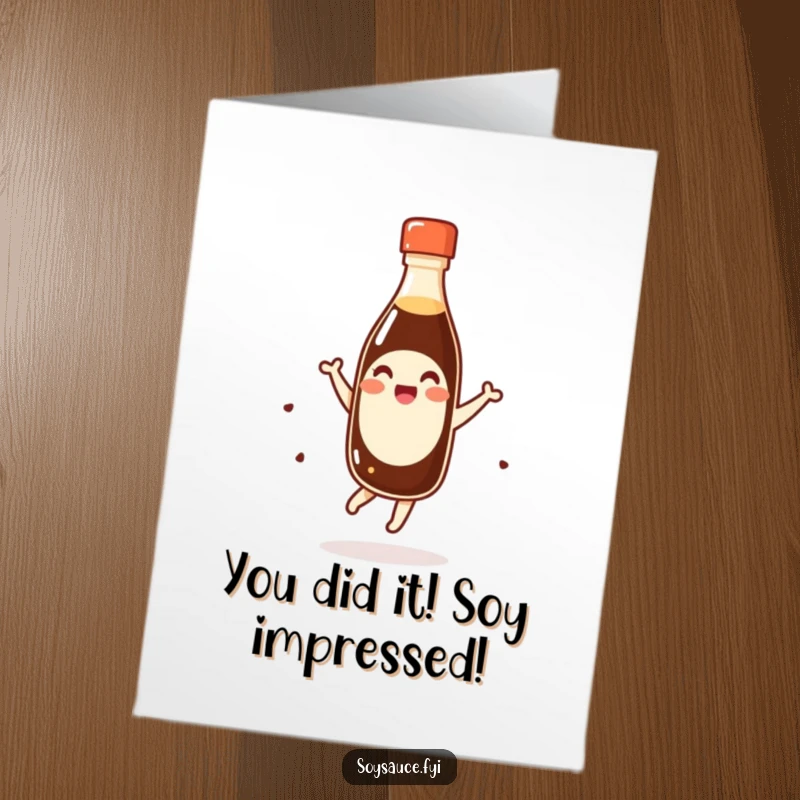 Funny Free Printable Congratulations Card of a giggling kawaii soy sauce bottle pirouetting with enthusiastic celebration.