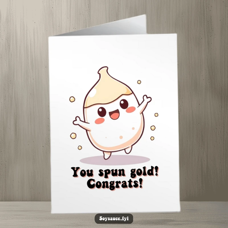Funny Free Printable Kawaii soy sauce character doing a celebratory spin on a congratulations card.