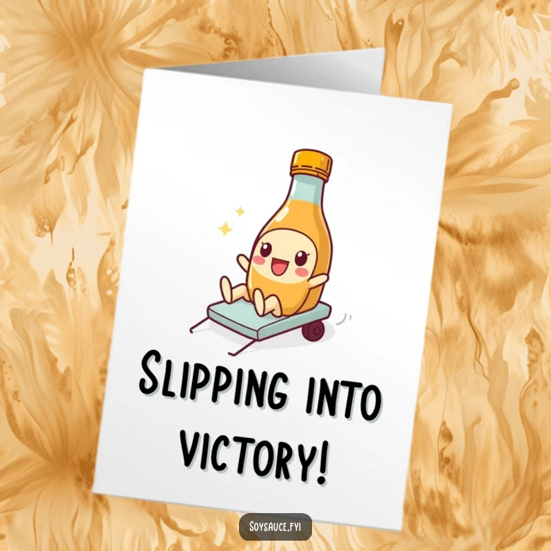 Funny Free Printable Congratulations Card: A soy sauce bottle character slides with playful abandon, celebrating success with humor.