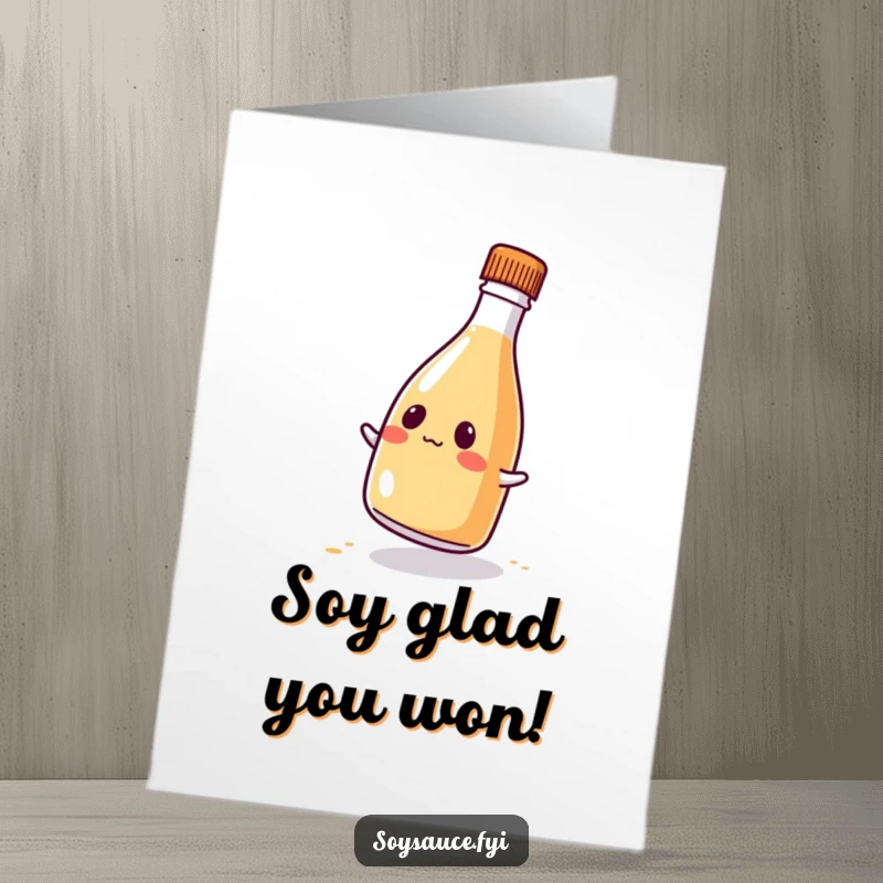 Funny Free Printable Congratulations Card showing a kawaii soy sauce bottle comically wobbling, celebrating achievements with a splash.