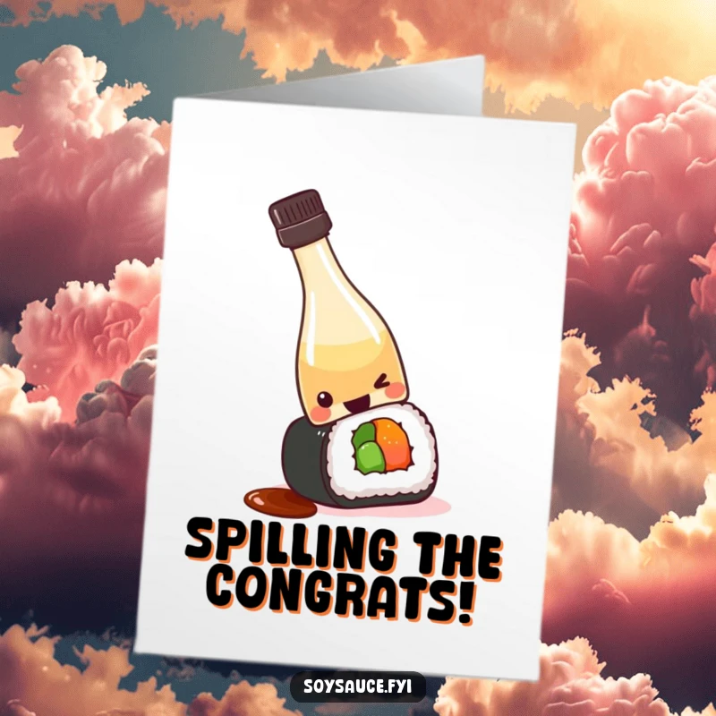 Funny Free Printable Congratulations Card: Kawaii soy sauce bottle tipping onto a sushi roll, a humorous downloadable.