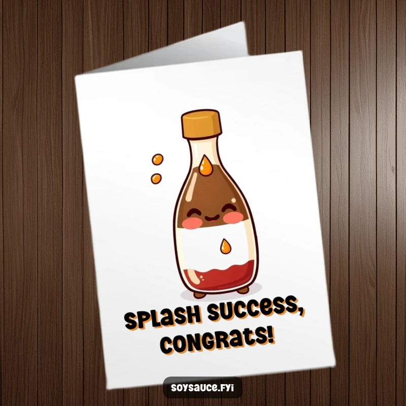 Funny Free Printable Congratulations Card: A cheerful Kawaii soy sauce bottle makes a playful splash, celebrating their fantastic achievement.