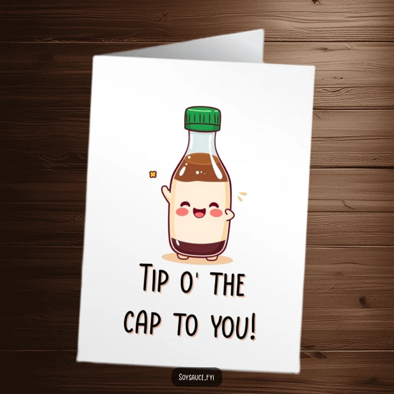 Funny Free Printable Kawaii soy sauce bottle tipping its cap playfully on a congratulations card, showing respect.