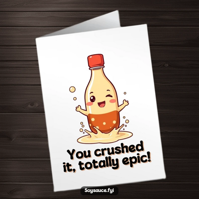 Funny Free Printable Congratulations Card: A grinning soy sauce bottle character splashing, celebrating a successful event.