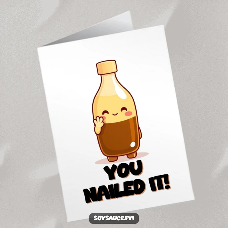 Funny Free Printable congratulations card showing a happy soy sauce bottle character offering a polite, approving nod.