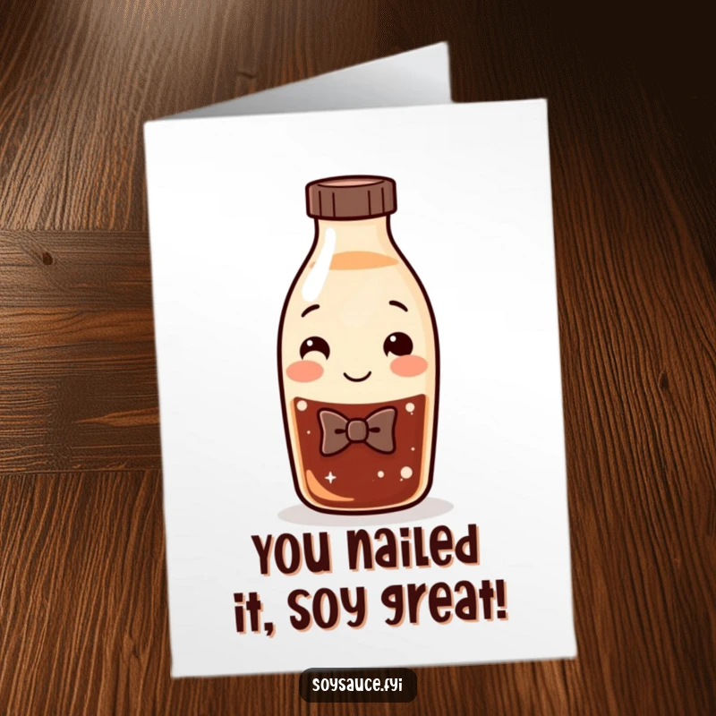 Funny Free Printable Congrats Card: A smiling soy sauce bottle wearing a bow tie, exuding celebratory charm for any occasion.