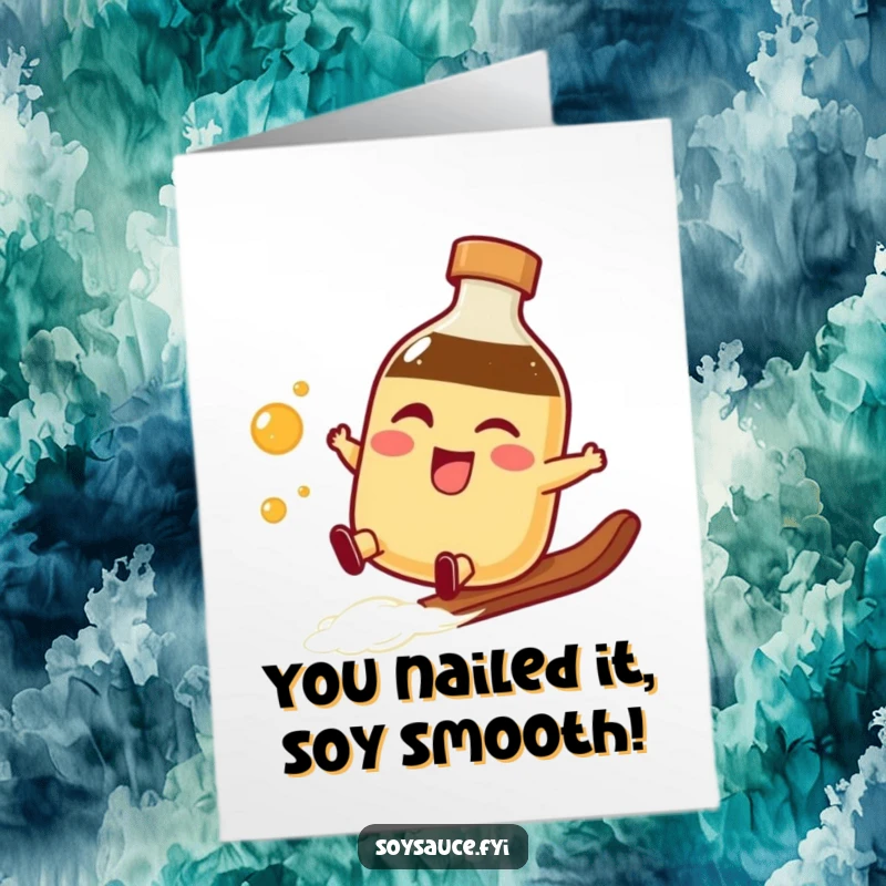 Funny Free Printable Congratulations Card: A winking soy sauce bottle character smoothly slides, celebrating a big win.