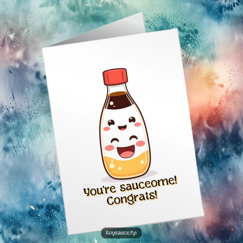 Funny Free Printable Kawaii soy sauce bottle with a huge grin on a congratulations card, celebrating a win.