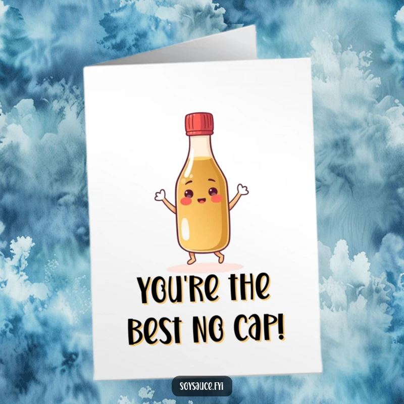 Funny Free Printable Congratulations Card: A happy soy sauce bottle energetically dancing with its cap, celebrating a win.