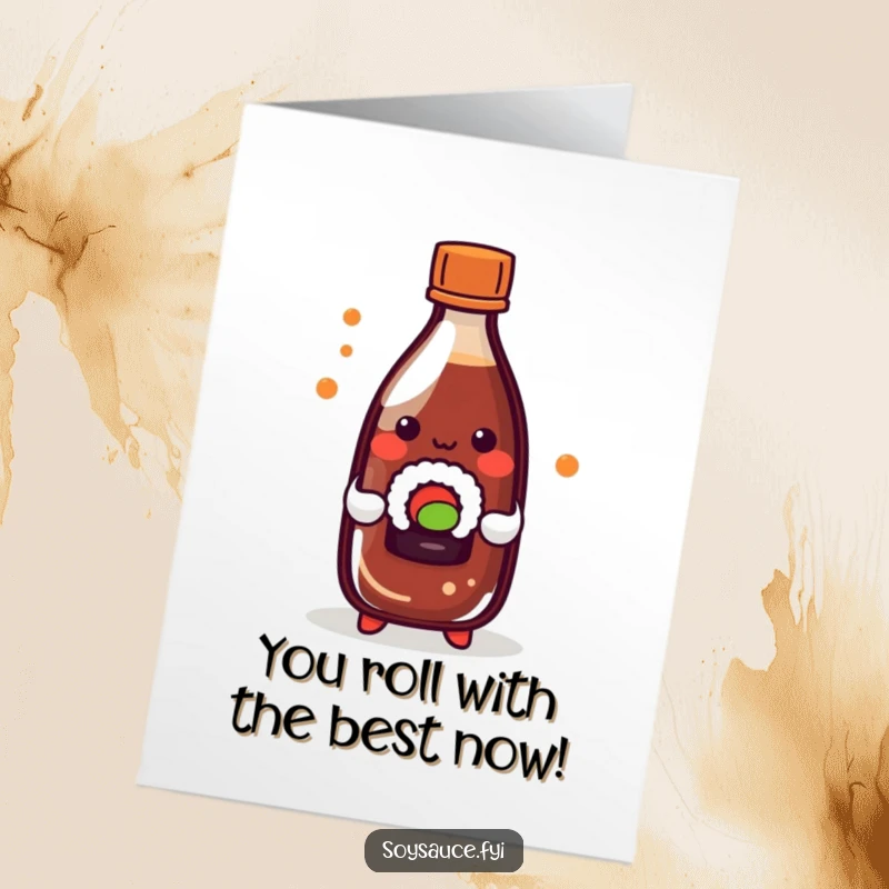 Funny Free Printable Congrats Card: A playful kawaii soy sauce bottle proudly holds a tiny sushi roll, celebrating achievements.
