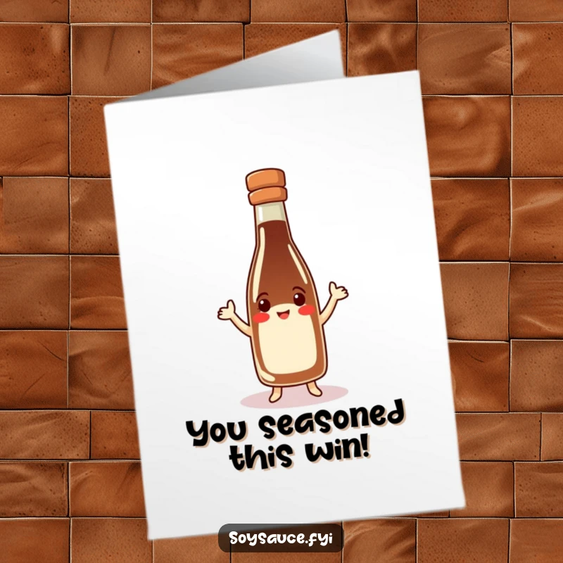Funny Free Printable Congratulations Card: A smiling soy sauce bottle in a jaunty hat is doing a happy jig to congratulate you.