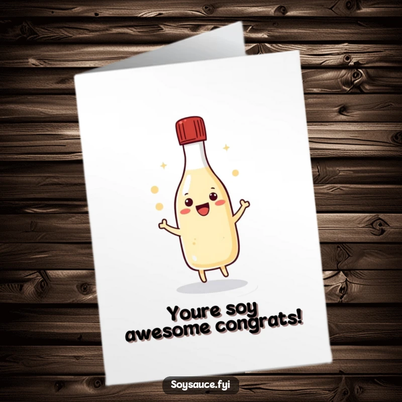 Funny Free Printable Congratulations Card: Kawaii soy sauce bottle doing a joyful dance with its cap, a unique downloadable.