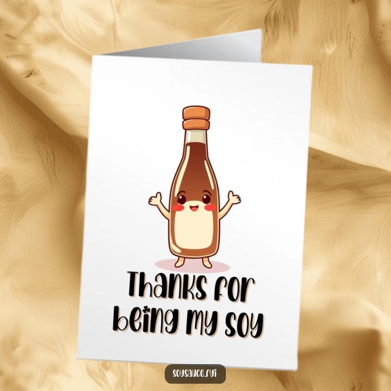 Funny Free Printable Thank You Card: A happy soy sauce bottle wearing a small hat is doing a lively jig to express thanks.