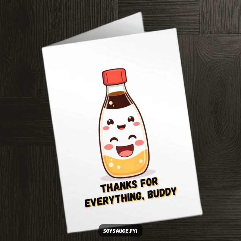 Funny Free Printable Kawaii soy sauce bottle with a bright grin on a thank you card, showing appreciation.