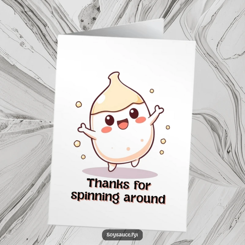 Funny Free Printable Kawaii soy sauce character doing a happy spin on a thank you card.