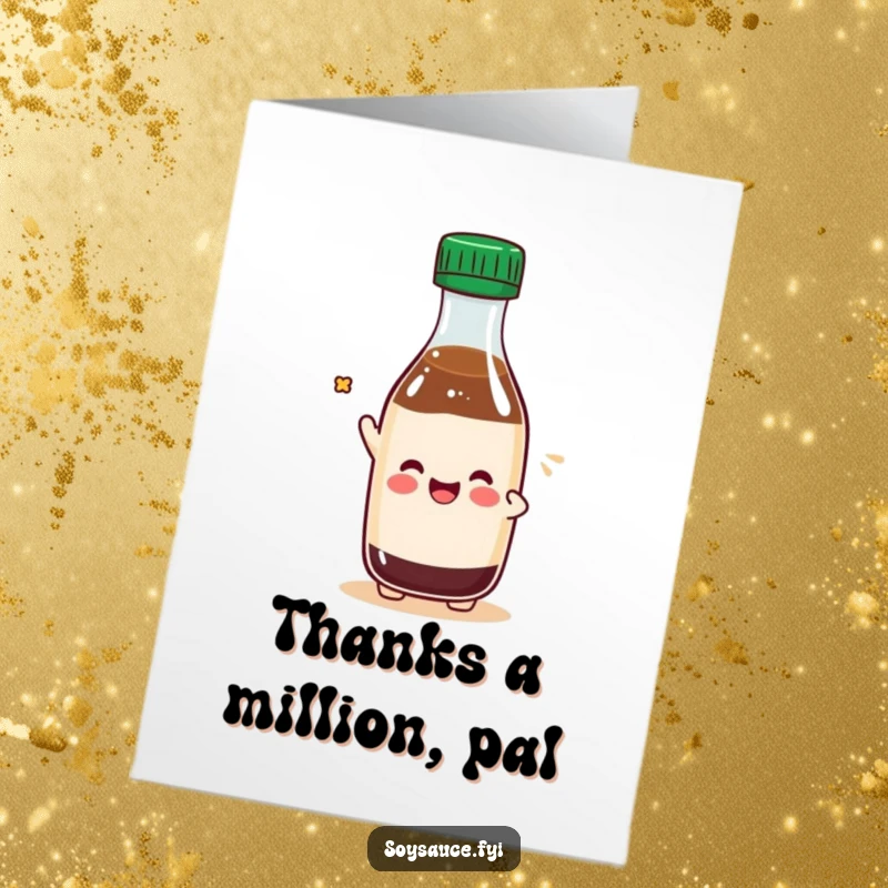 Funny Free Printable Kawaii soy sauce bottle tipping its cap playfully on a thank you card, expressing politeness.