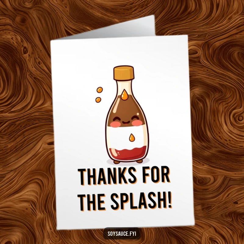 Funny Free Printable Thank You Card: A smiling Kawaii soy sauce bottle playfully splashes a tiny drop, conveying delightful gratitude.