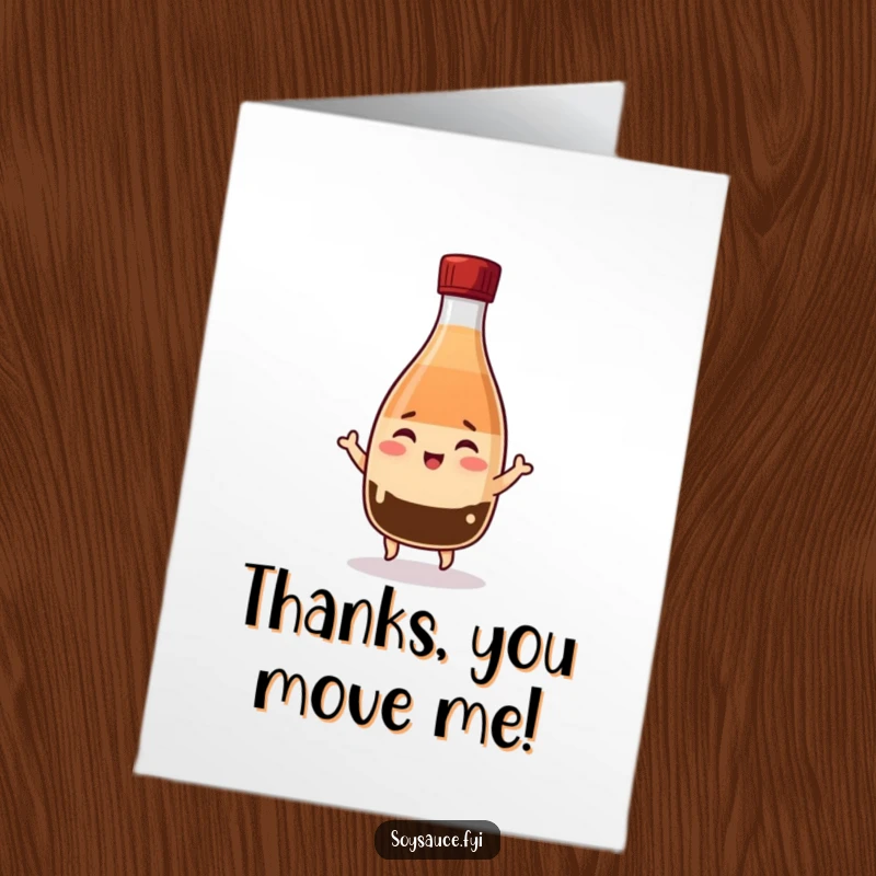 Funny Free Printable Thank You Card: A Kawaii soy sauce bottle winks and does a cheerful little jig, showing happy thanks.