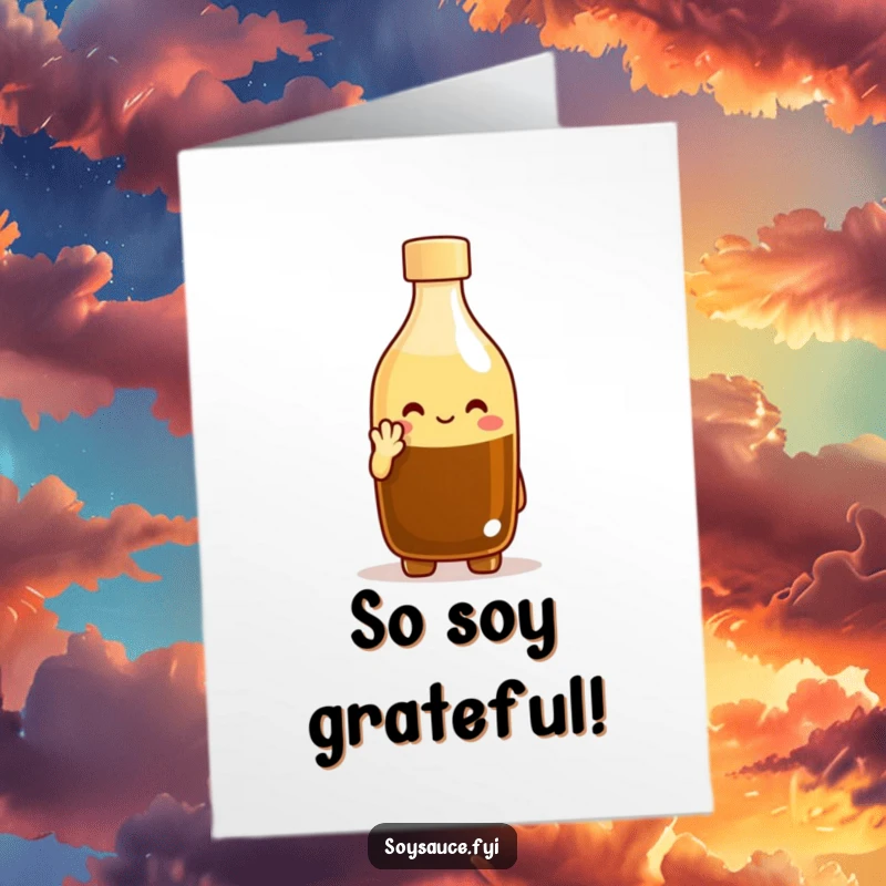 Funny Free Printable thank you card featuring a smiling soy sauce bottle character giving a polite, thankful nod.