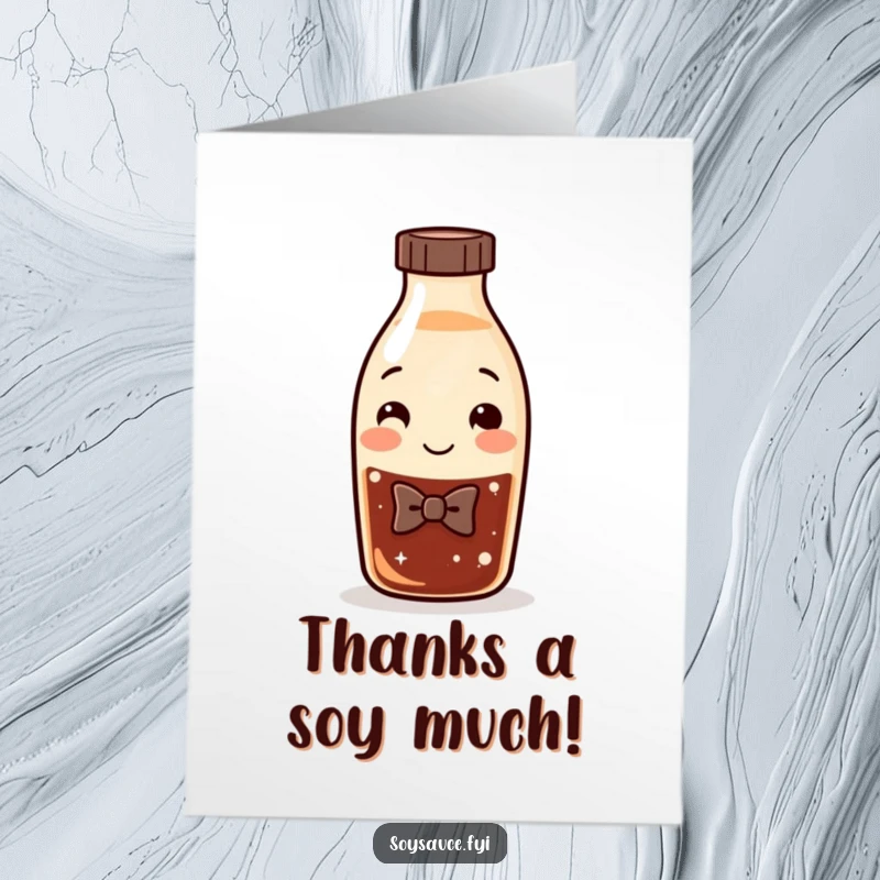 Funny Free Printable Thank You Card: A smiling soy sauce bottle with a bow tie, adding a touch of dapper humor to gratitude.