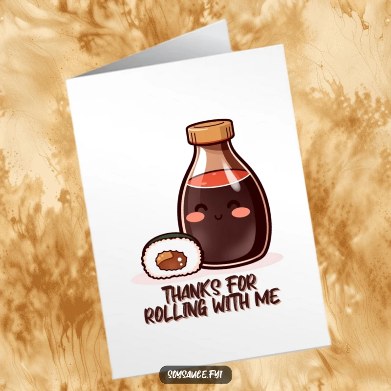 Funny Free Printable Thank You Card: A smiling soy sauce bottle and a sushi roll offering thanks together.