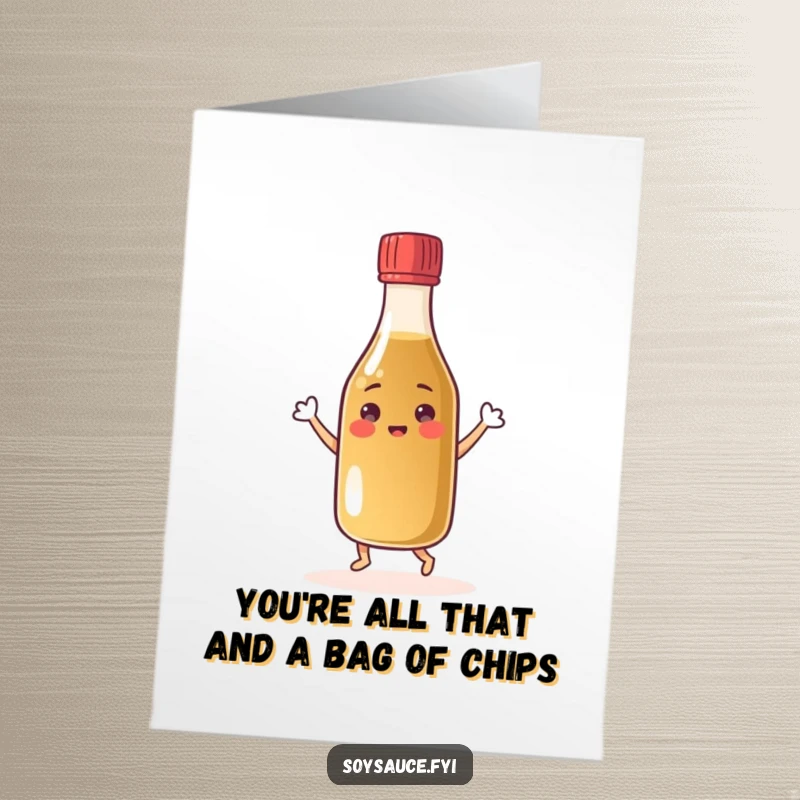 Funny Free Printable Thank You Card: A smiling soy sauce bottle happily dancing with its cap, expressing thanks.