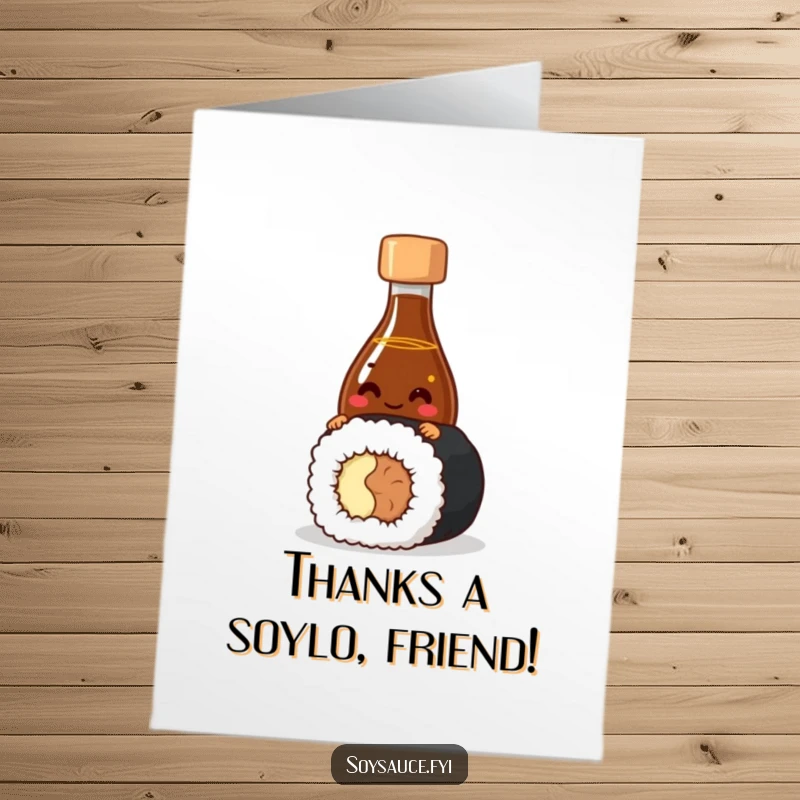 Funny Free Printable Thank You Card with a giggling soy sauce bottle character peeking from behind a sushi roll, offering thanks.